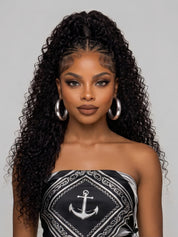 Front-facing portrait of a woman in a deep wave lace frontal wig featuring intricate cornrow parting at the crown and soft, defined curls framing the face. Perfect for everyday wear or special events with a seamless, realistic hairline and bold hoop earrings.