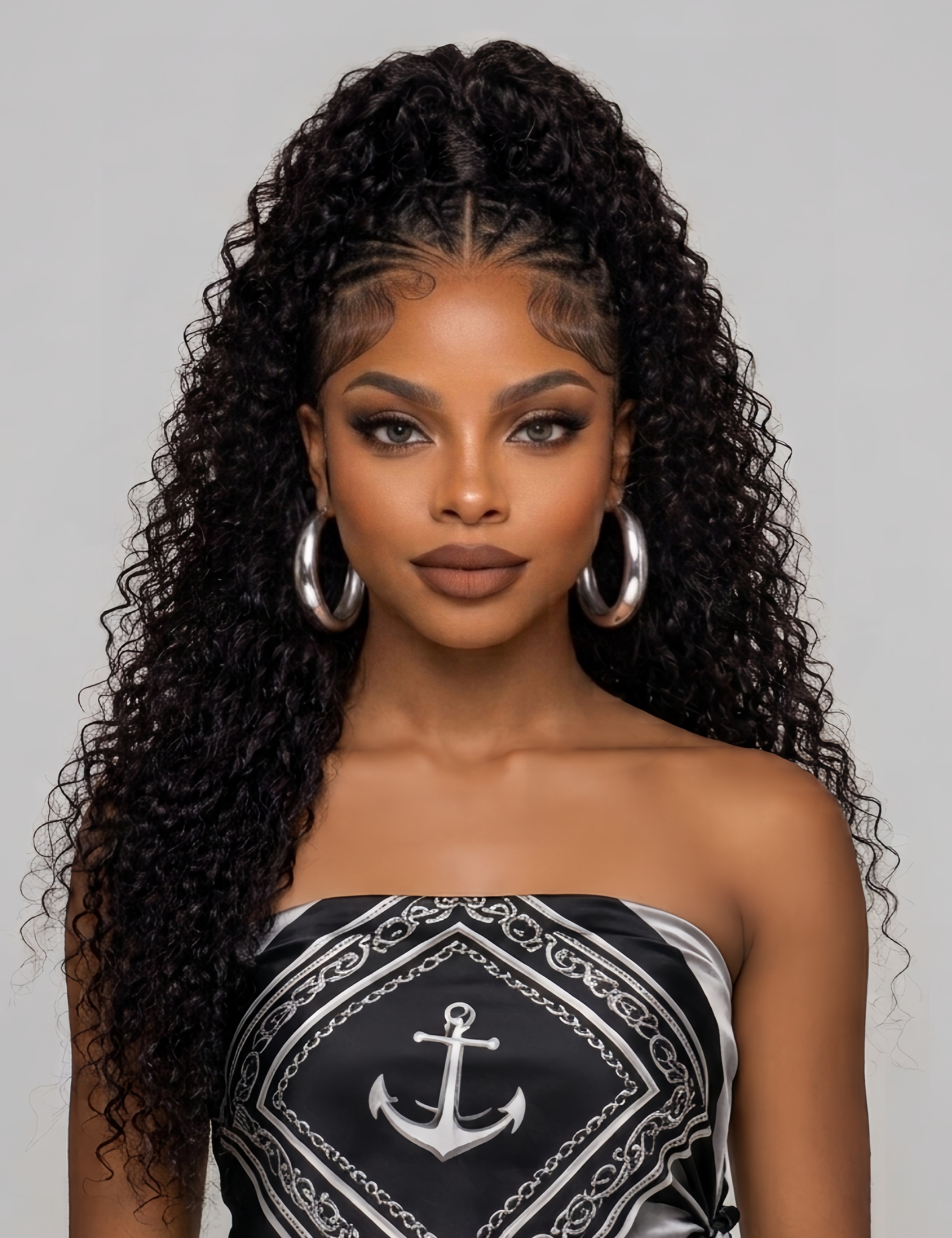 Front-facing portrait of a woman in a deep wave lace frontal wig featuring intricate cornrow parting at the crown and soft, defined curls framing the face. Perfect for everyday wear or special events with a seamless, realistic hairline and bold hoop earrings.