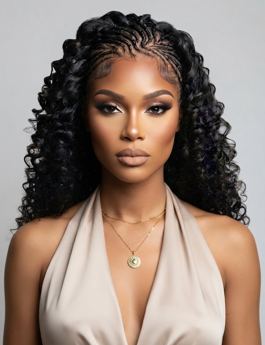 Front-facing portrait of a model in a 13x4 lace frontal wig featuring intricate cornrow parting at the crown and soft, bouncy deep waves framing the face. Perfect for everyday wear or special occasions with a seamless, realistic hairline.
