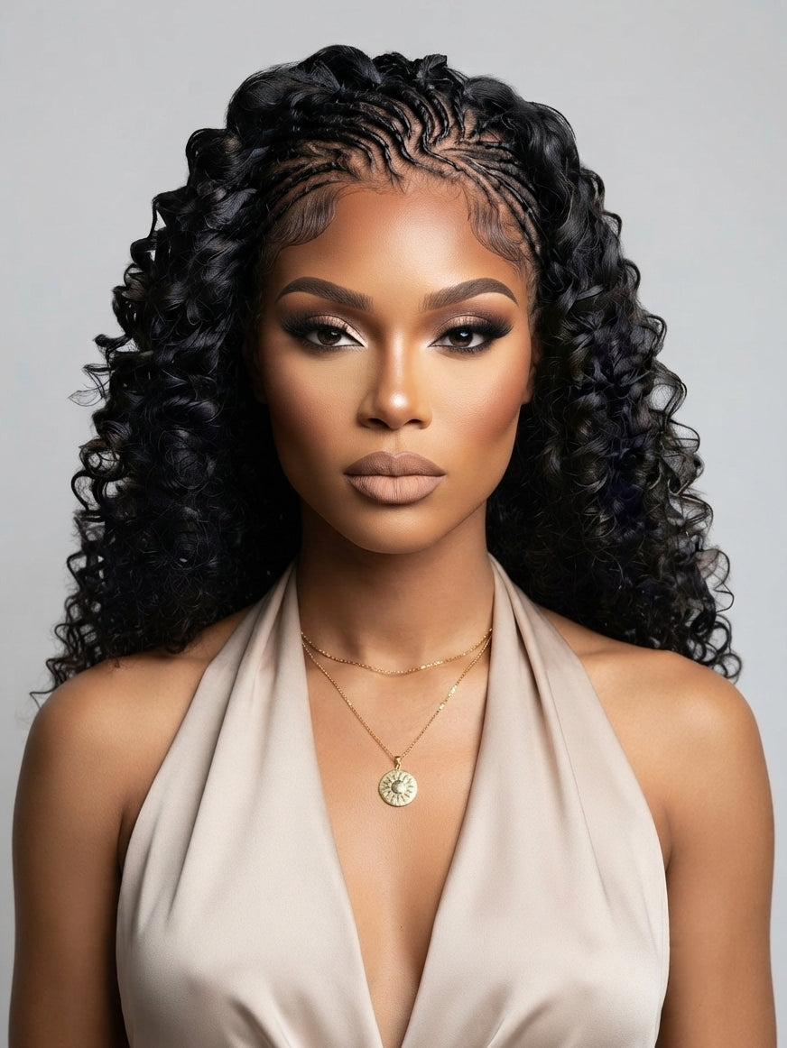 Front-facing portrait of a model in a 13x4 lace frontal wig featuring intricate cornrow parting at the crown and soft, bouncy deep waves framing the face. Perfect for everyday wear or special occasions with a seamless, realistic hairline.