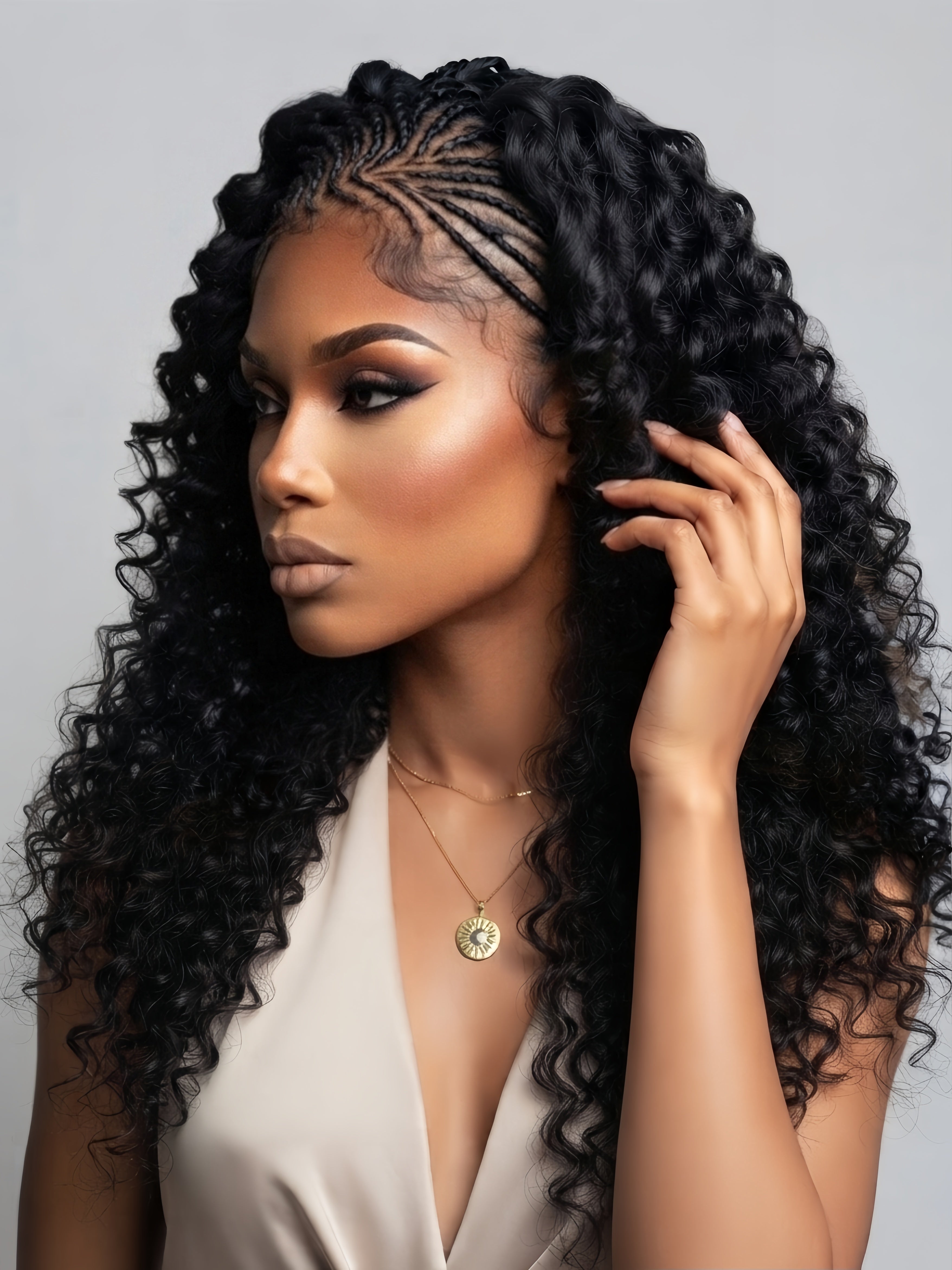 Side view of a woman wearing a deep wave lace front wig with braided crown detail, showcasing natural-looking hairline and voluminous curls cascading over the shoulder. Ideal for African American women seeking stylish, protective hairstyles.