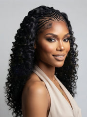 Three-quarter angle shot of a smiling woman modeling a curly lace front wig with detailed braided top section and flowing dark curls. Highlights the wig’s natural movement and flattering fit for round or oval face shapes.