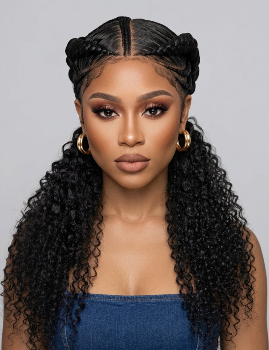 Close-up frontal shot focusing on the model's makeup and the precision of the wig's parting. The glossy finish of the braids contrasts with the matte texture of the deep curly ends, creating a chic and polished look suitable for special occasions.