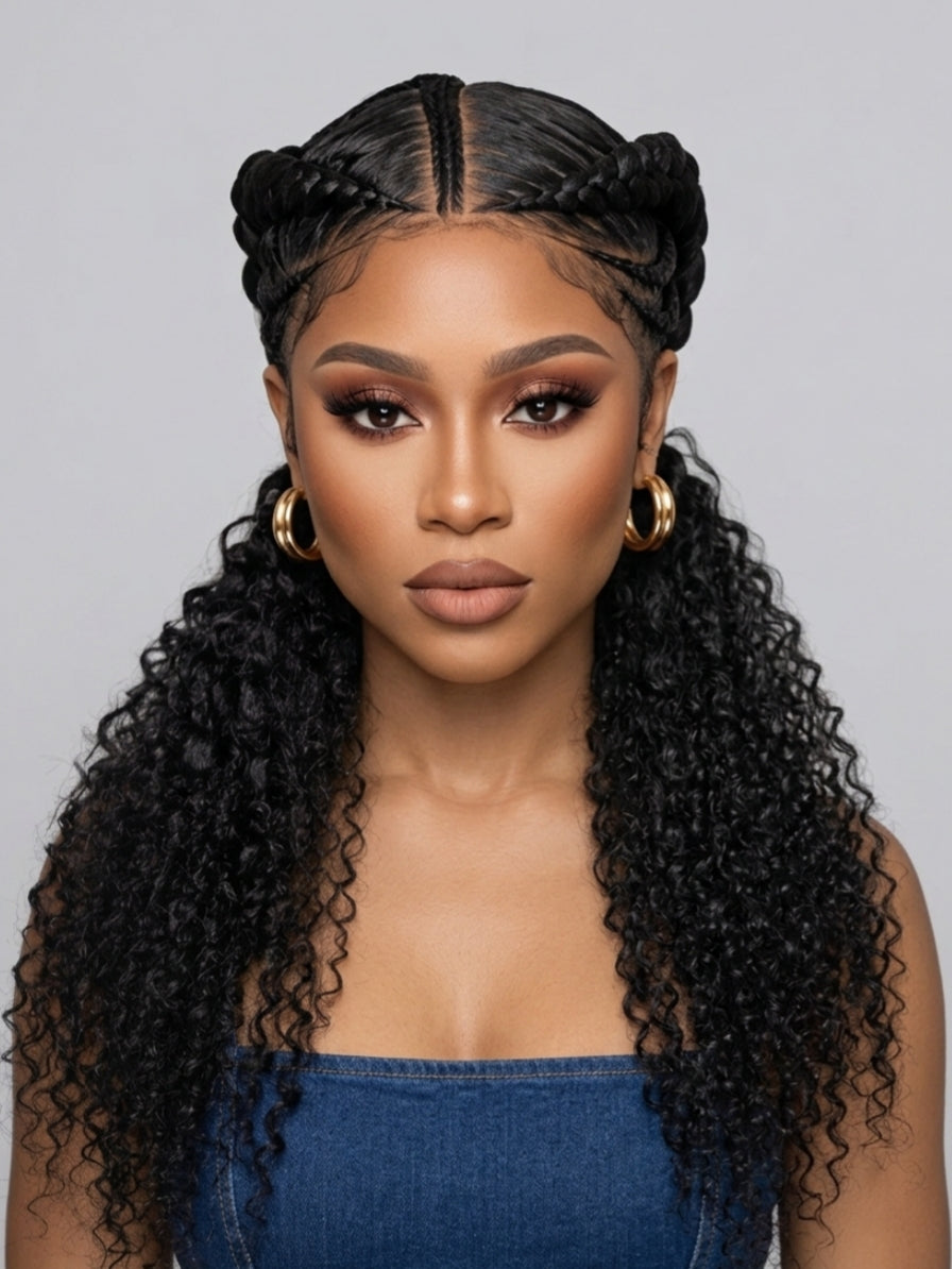 Close-up frontal shot focusing on the model's makeup and the precision of the wig's parting. The glossy finish of the braids contrasts with the matte texture of the deep curly ends, creating a chic and polished look suitable for special occasions.