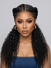 Close-up frontal shot focusing on the model's makeup and the precision of the wig's parting. The glossy finish of the braids contrasts with the matte texture of the deep curly ends, creating a chic and polished look suitable for special occasions.