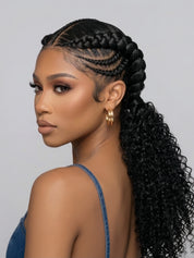 Three-quarter rear view of the model looking back, displaying the depth of the braided design and the volume of the curly ponytail. The image captures the natural movement of the hair and the secure fit of the wig cap under the braids.