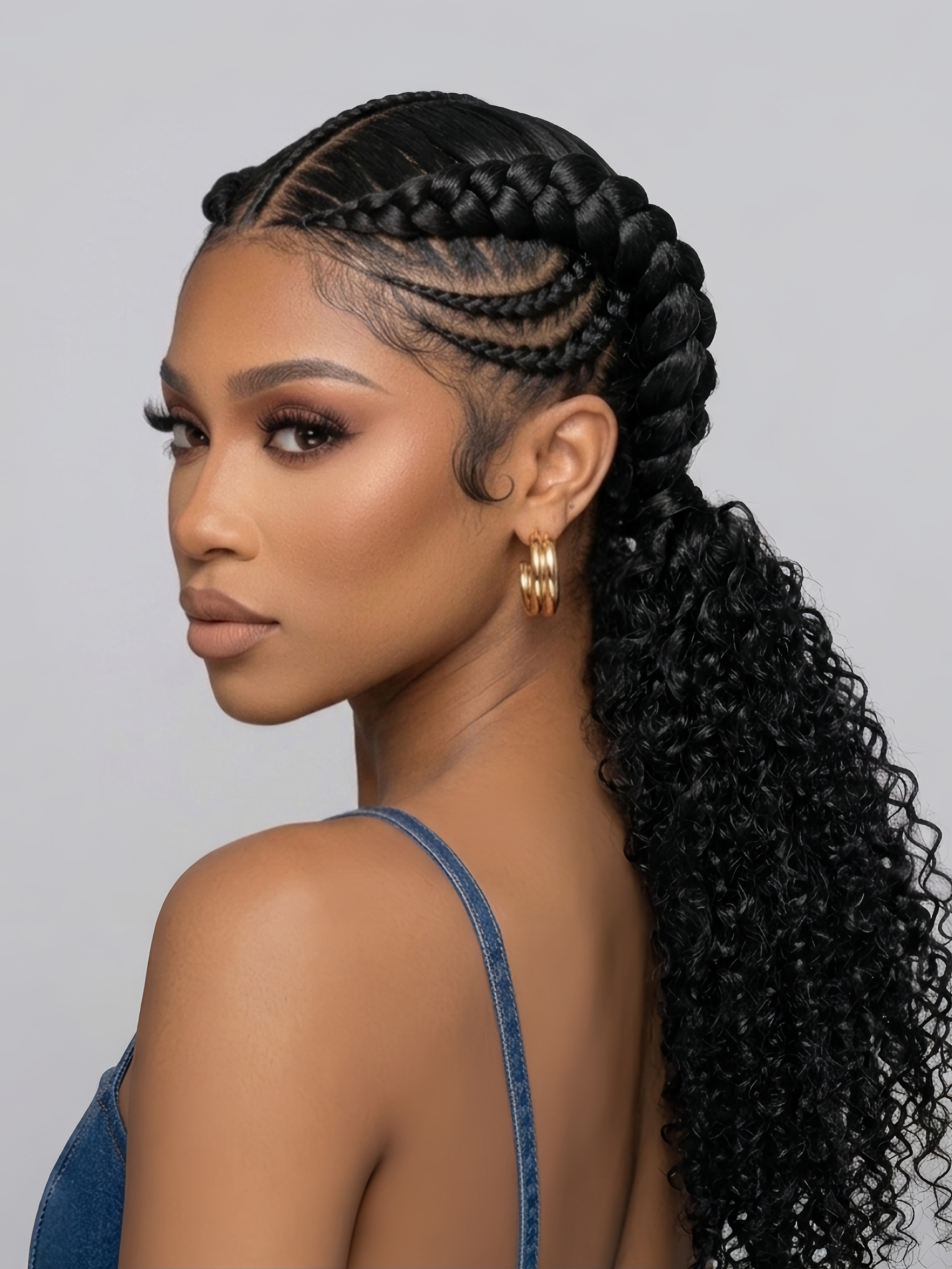 Three-quarter rear view of the model looking back, displaying the depth of the braided design and the volume of the curly ponytail. The image captures the natural movement of the hair and the secure fit of the wig cap under the braids.