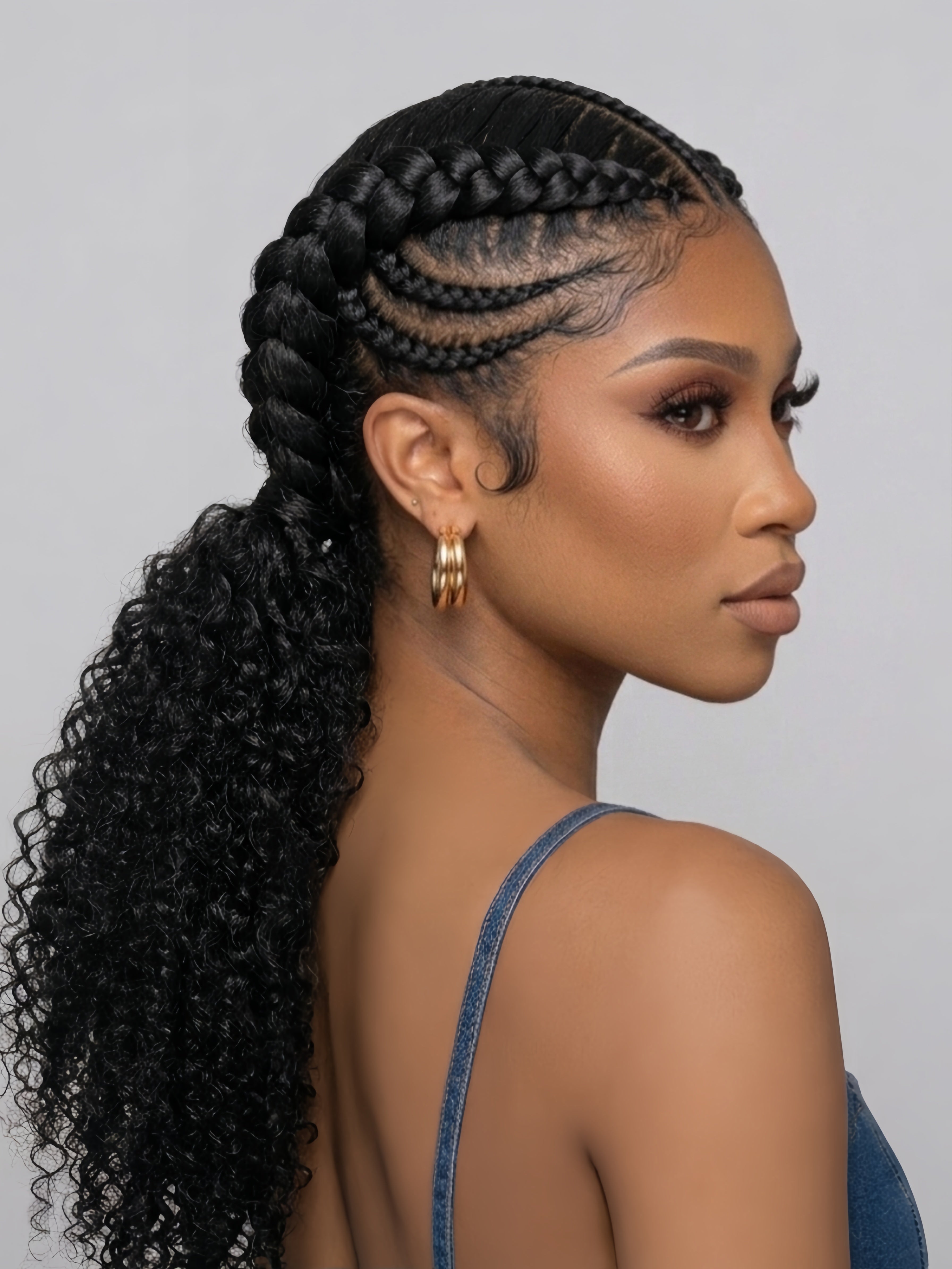 Right side profile of a woman in a half-up braided style wig, revealing the detailed knotless braiding technique along the temple. The long, dark curly hair flows over her shoulder, emphasizing the seamless blend between the braided crown and the loose curls.