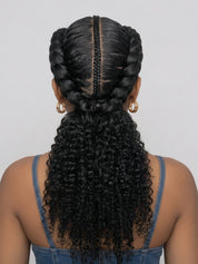 Back view of the braided wig showcasing the neat cornrow pattern converging at the nape into a thick, curly ponytail. The texture transitions from sleek braids to bouncy deep curls, highlighting the length and density of the synthetic or human hair extensions.