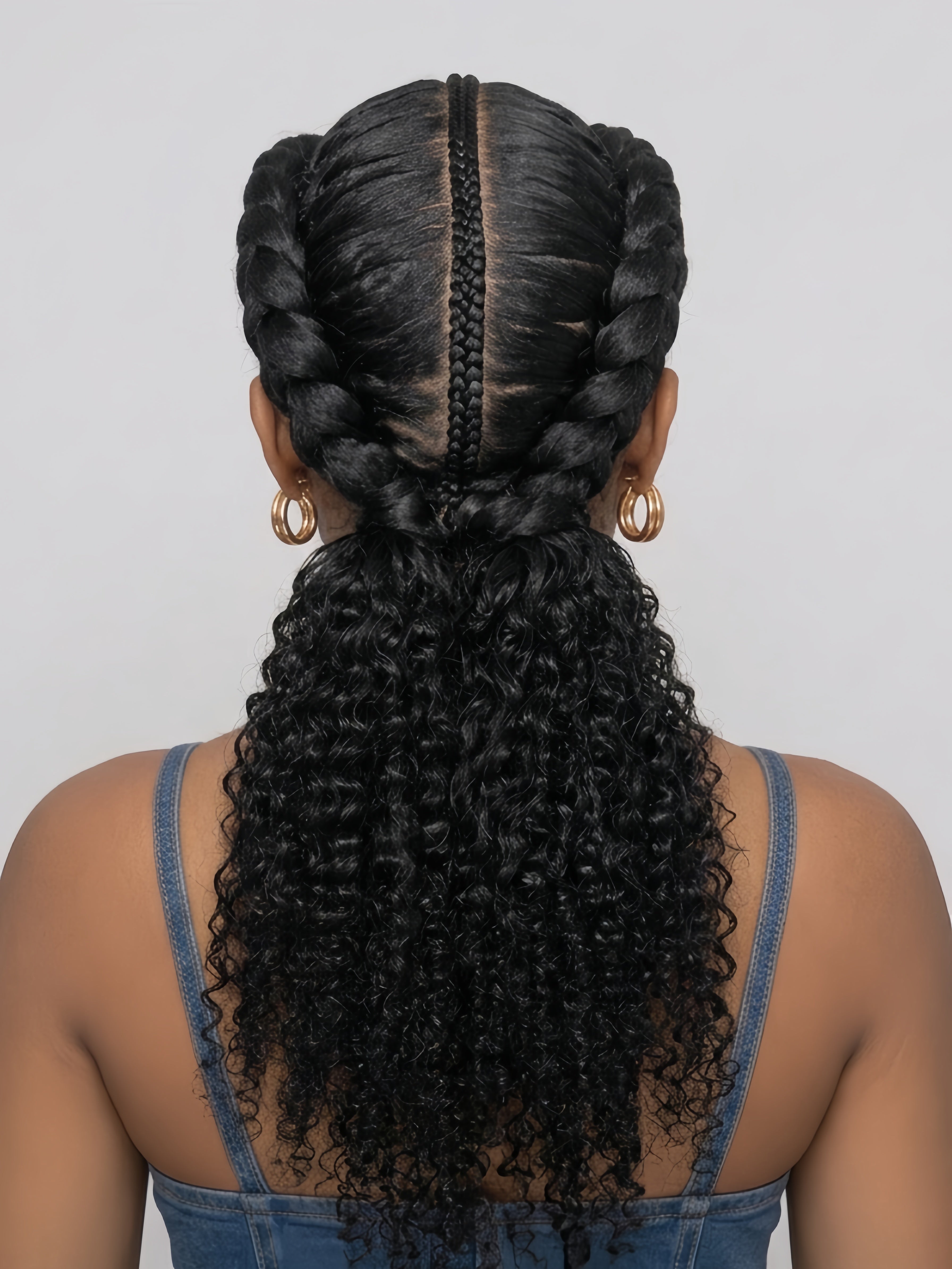 Back view of the braided wig showcasing the neat cornrow pattern converging at the nape into a thick, curly ponytail. The texture transitions from sleek braids to bouncy deep curls, highlighting the length and density of the synthetic or human hair extensions.