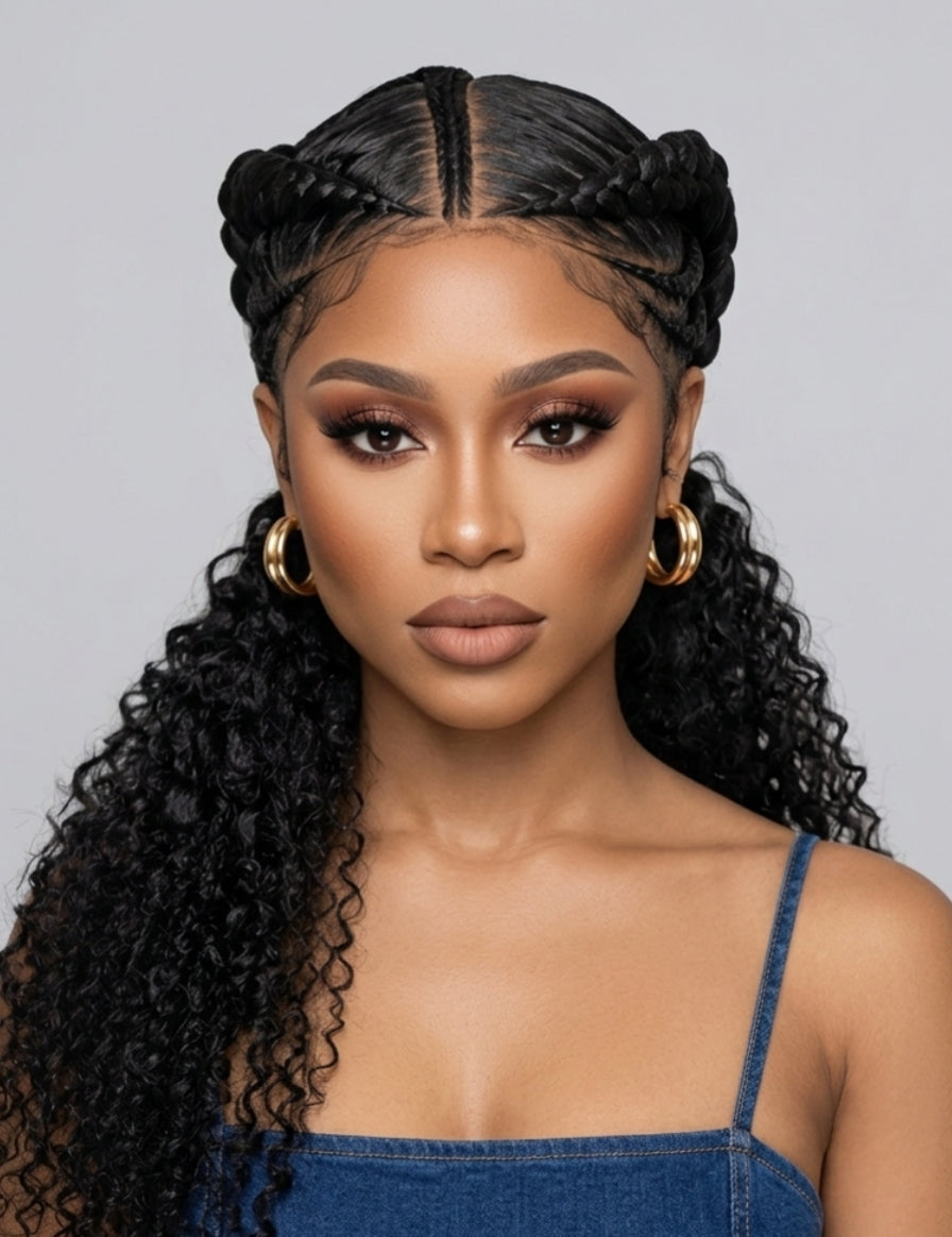 Frontal portrait of a model wearing a black curly wig with intricate braided cornrows on top and long, voluminous deep waves cascading down. The center parting and baby hairs create a realistic hairline, complemented by gold hoop earrings and a denim top.