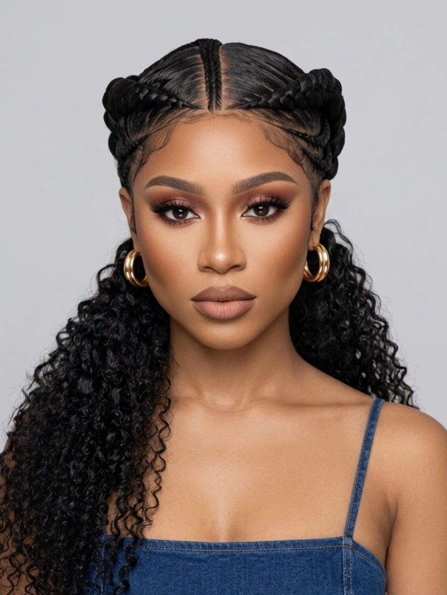 Frontal portrait of a model wearing a black curly wig with intricate braided cornrows on top and long, voluminous deep waves cascading down. The center parting and baby hairs create a realistic hairline, complemented by gold hoop earrings and a denim top.