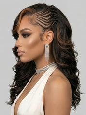 Side profile shot showcasing the natural-looking hairline of a glueless braided wig with wavy layers. Highlights the seamless blend between the tight cornrows at the temple and the soft, bouncy curls, demonstrating a high-quality human hair texture.