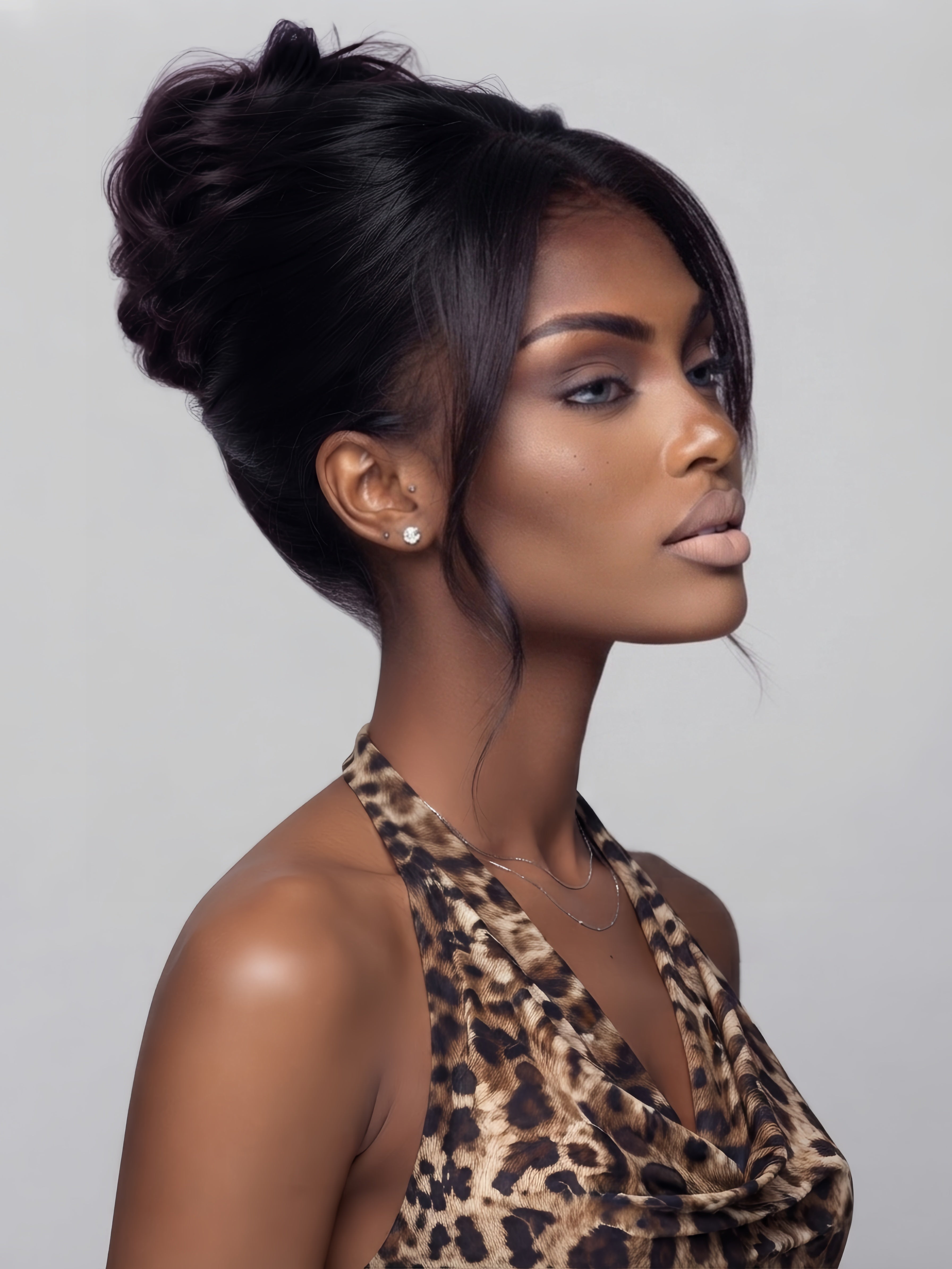 A woman in profile wearing a leopard-print halter top, styled with a high bun hairstyle, against a solid light gray background.