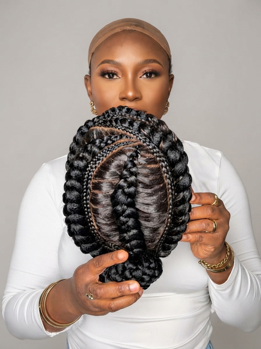 A woman wearing a beige headwrap and white long-sleeve top holds up a large black braided hair extension wig or hairpiece in front of her face, showing the detailed braided texture and root coverage against a plain light gray background.