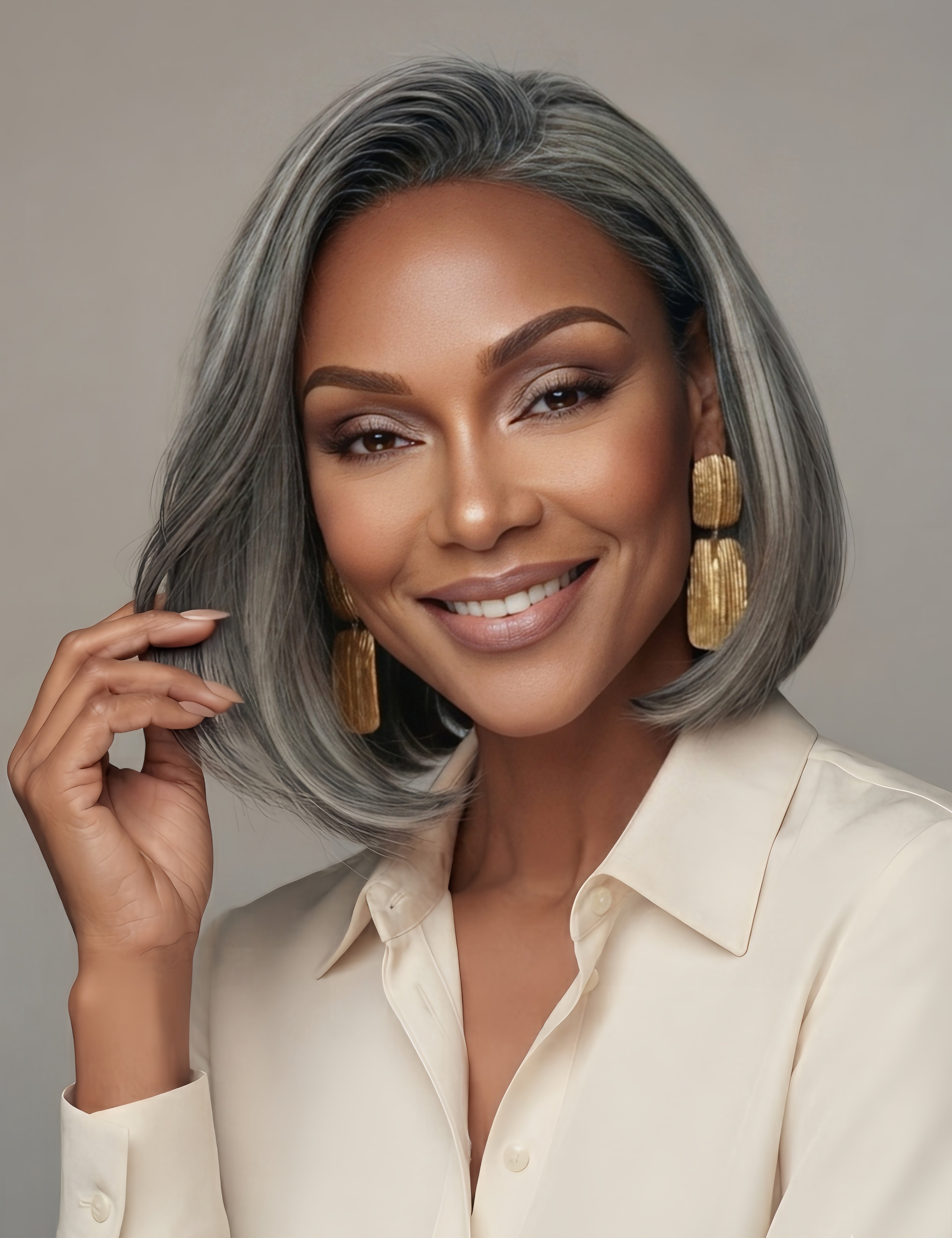 Close-up angled shot emphasizing the glossy texture and natural parting of the salt and pepper bob wig. The detailed view demonstrates the high-quality definition of each strand, offering a chic and low-maintenance hairstyle option for mature women.