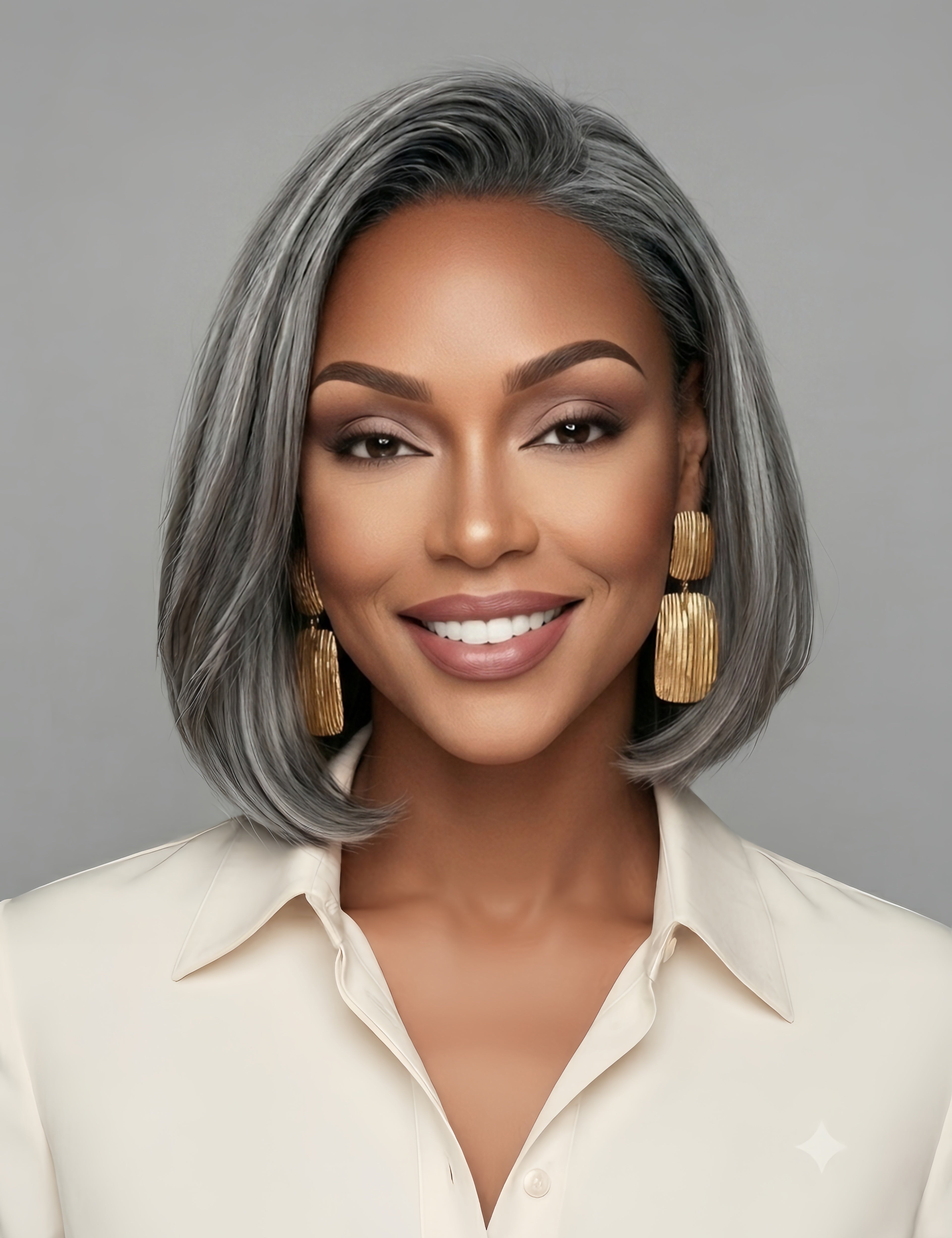Front view of a woman wearing a salt and pepper bob wig with a 13x4 lace front. The natural gray blending and straight texture create a sophisticated, age-defying look that frames the face elegantly.