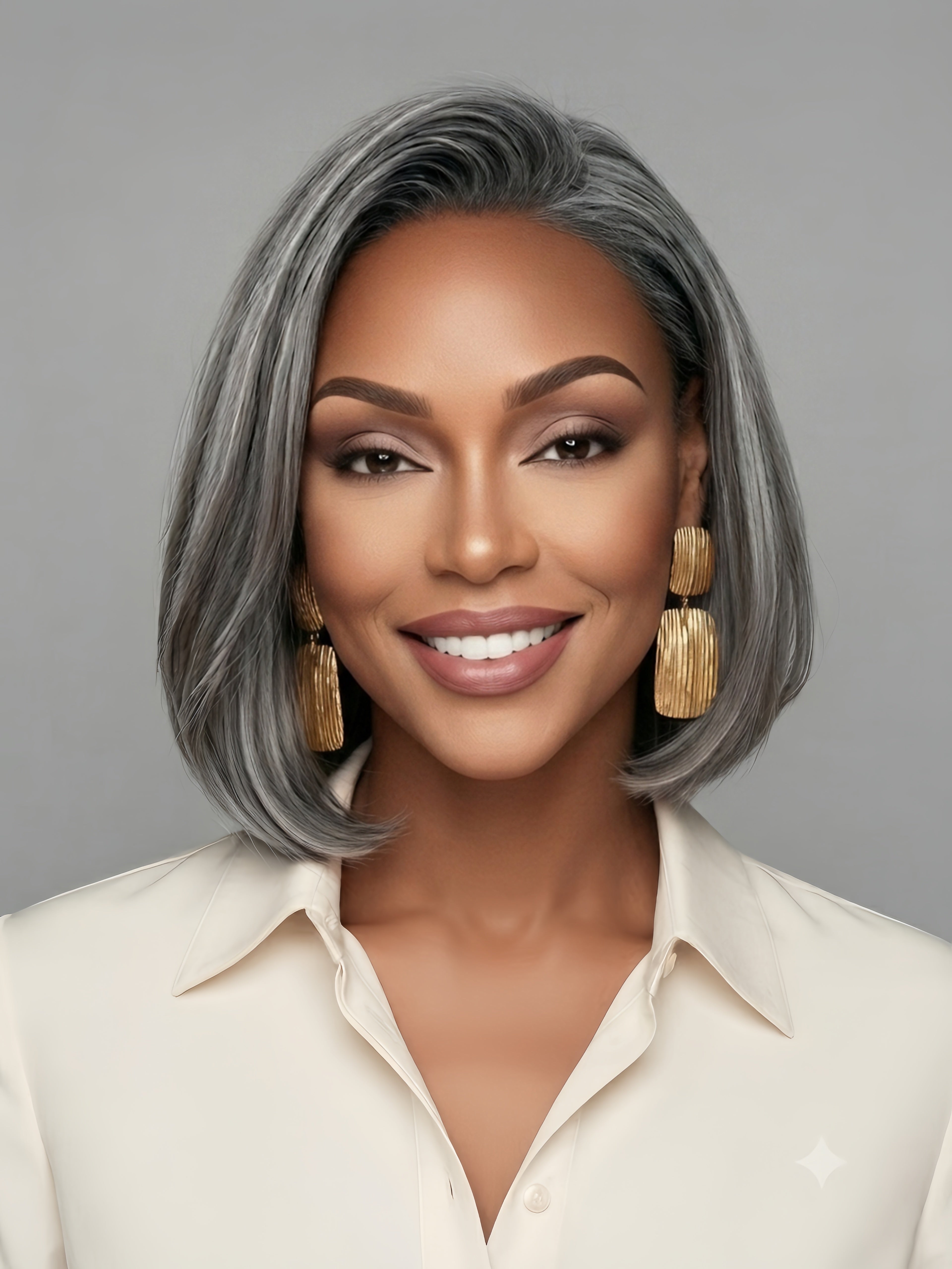 Front view of a woman wearing a salt and pepper bob wig with a 13x4 lace front. The natural gray blending and straight texture create a sophisticated, age-defying look that frames the face elegantly.