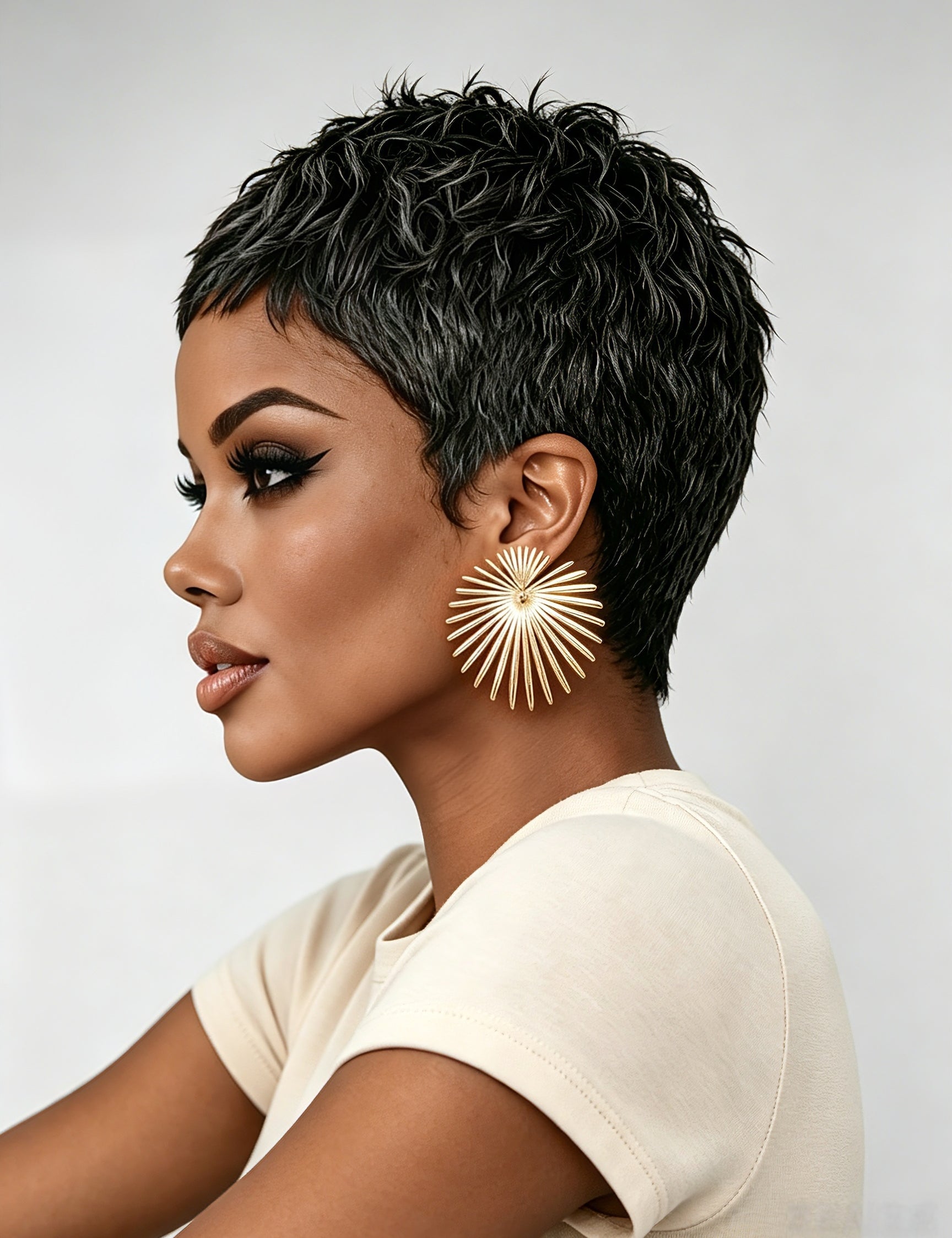 Side profile view of a model in a black and grey textured pixie wig, showcasing the tapered sides and voluminous crown. The wet-look finish and defined curls emphasize the wig’s edgy, low-maintenance style.