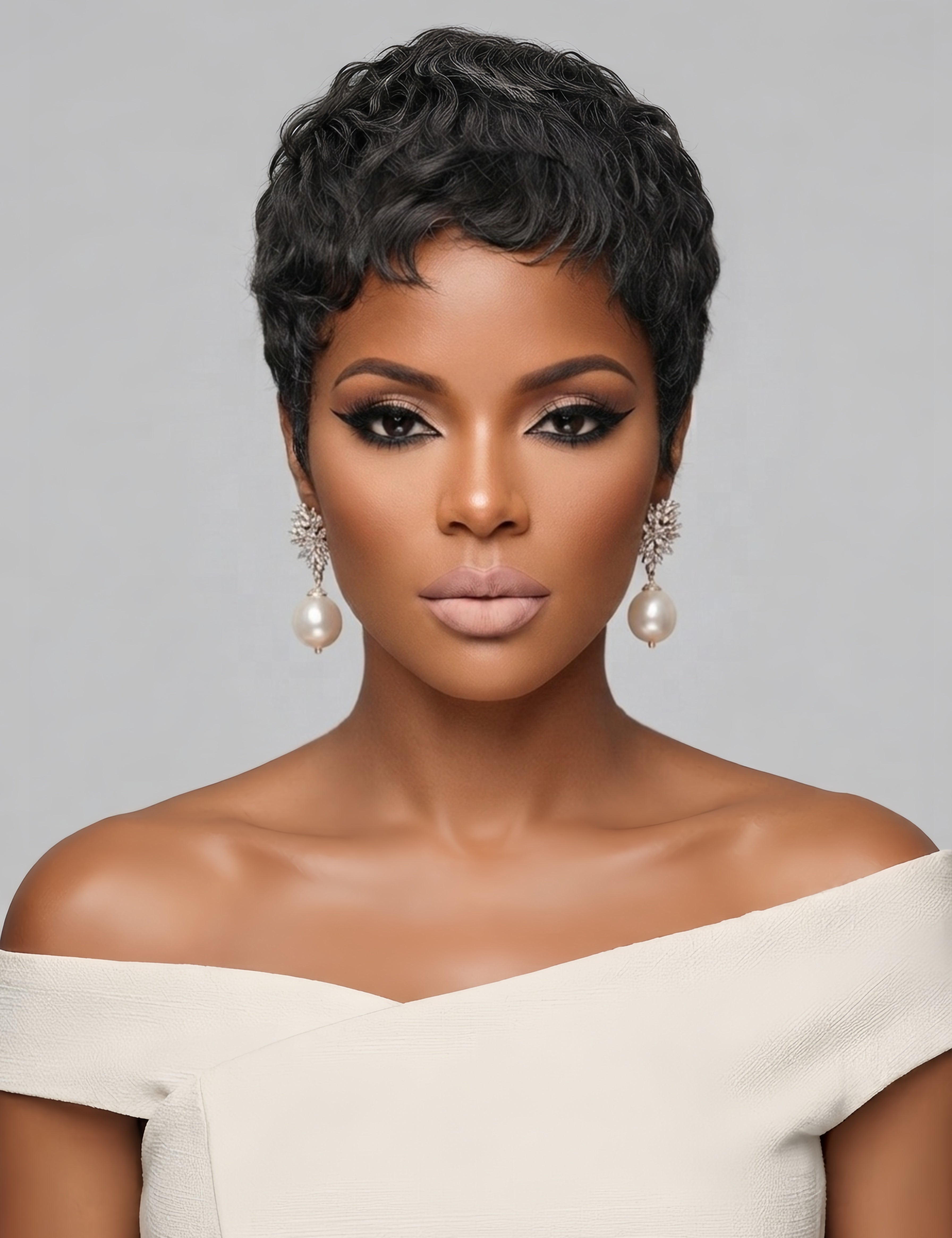 Frontal portrait of a model in a salt and pepper short curly wig, showcasing symmetrical curls framing the face. The defined hairline and voluminous top create a bold, confident look, enhanced by dramatic eye makeup and statement pearl earrings.