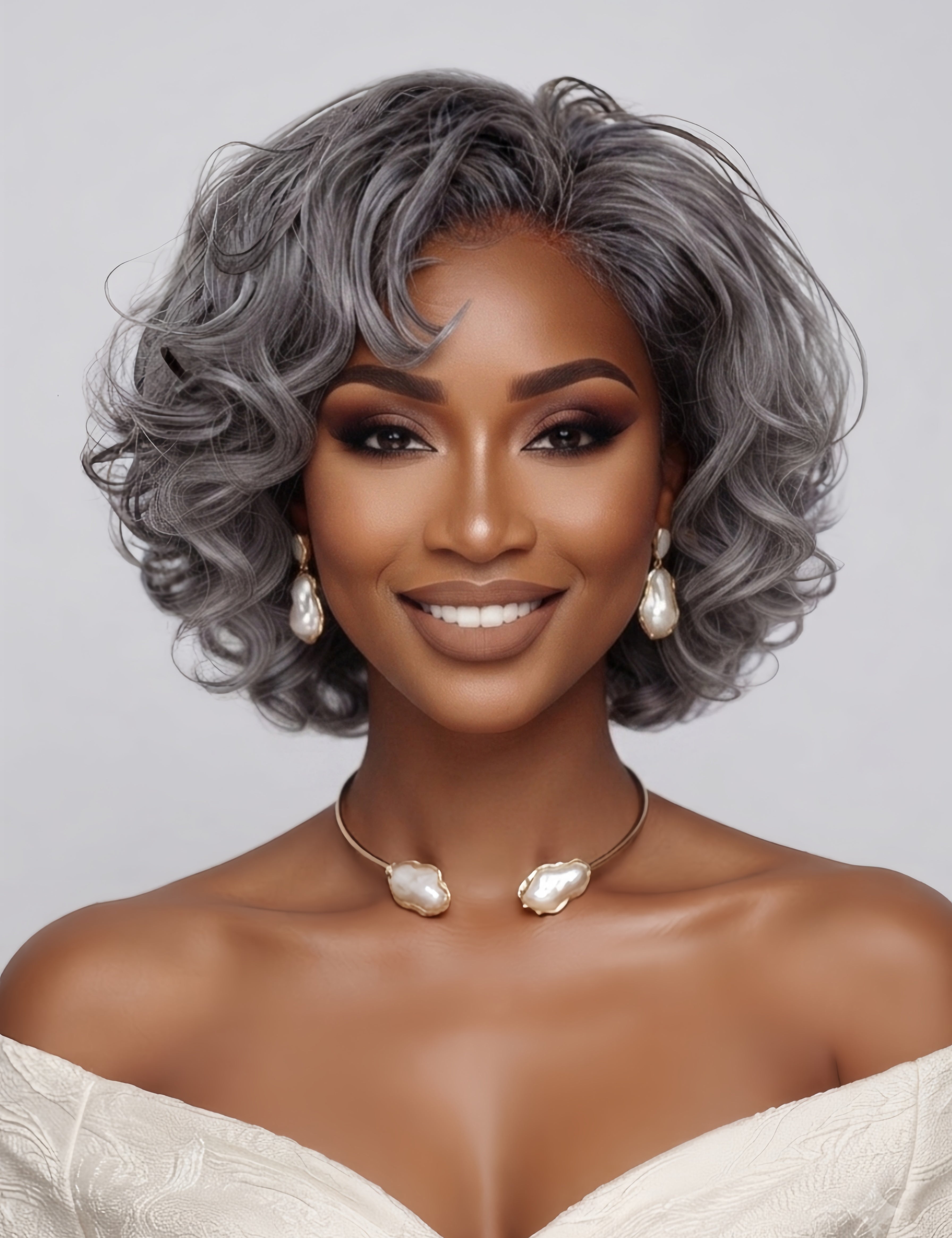 Frontal portrait showcasing the symmetrical layers and bouncy curls of the silver grey wig. The defined wave pattern frames the face elegantly, demonstrating a chic and youthful look suitable for mature women.