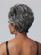 Back view of the short grey curly wig showcasing the layered cut and bouncy spiral curls at the nape. The hair transitions smoothly from darker roots to lighter ends, highlighting the realistic texture and volume suitable for everyday wear.