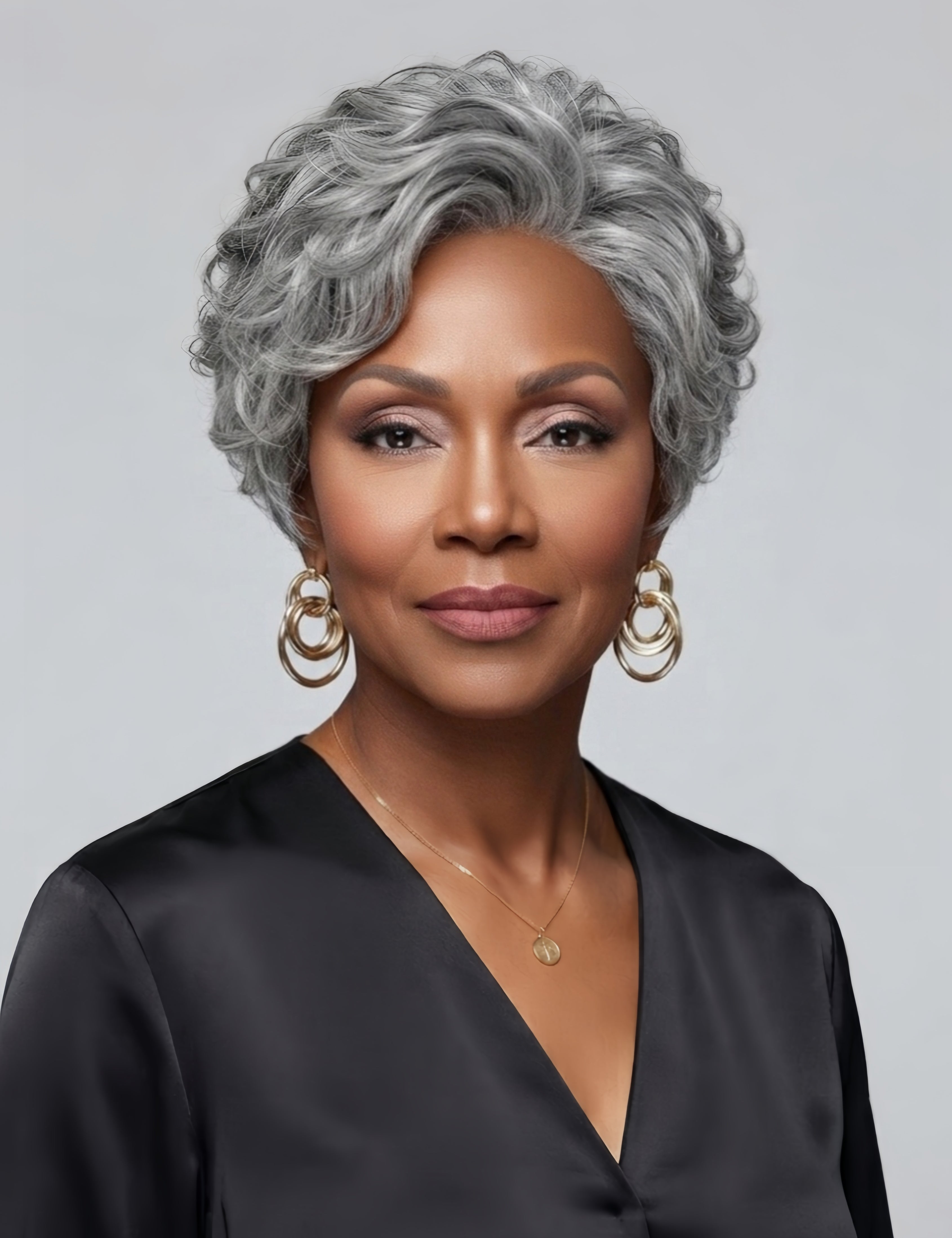 Frontal portrait of a mature woman wearing a grey ombre short curly wig with soft waves framing the face. The hair features a natural gradient from dark roots to silver tips, paired with gold hoop earrings and a black satin blouse.