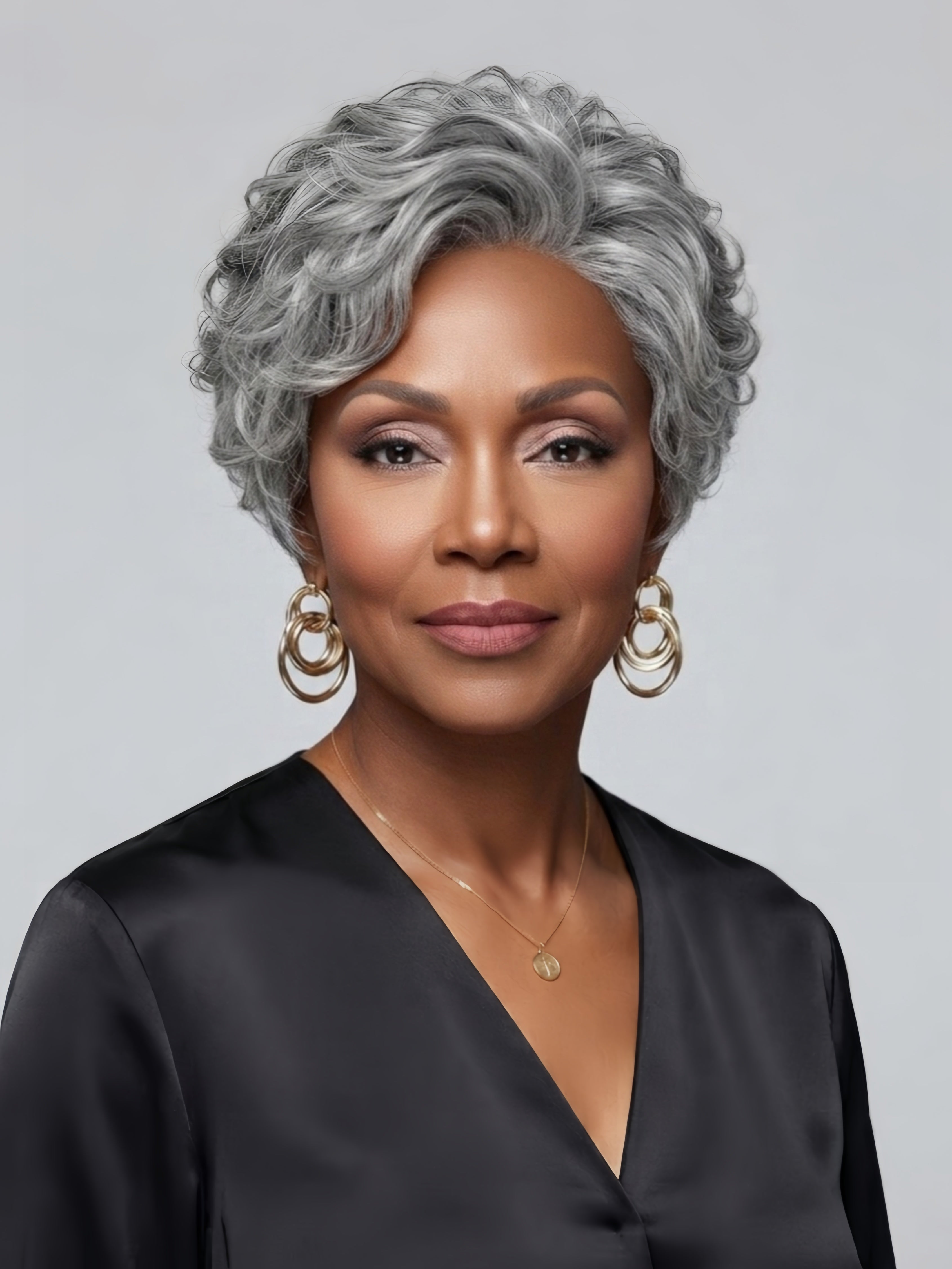 Frontal portrait of a mature woman wearing a grey ombre short curly wig with soft waves framing the face. The hair features a natural gradient from dark roots to silver tips, paired with gold hoop earrings and a black satin blouse.