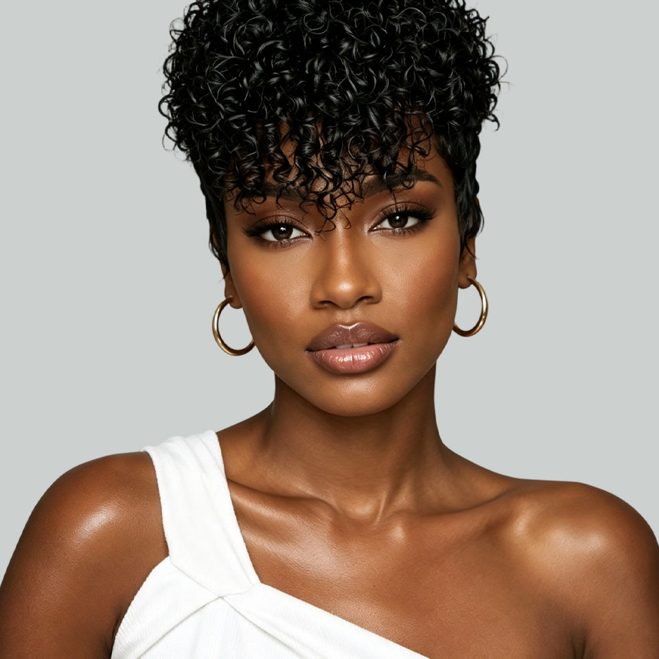 A woman with short, curly black hair wearing a white one-shoulder top and gold hoop earrings, photographed against a light gray studio background.