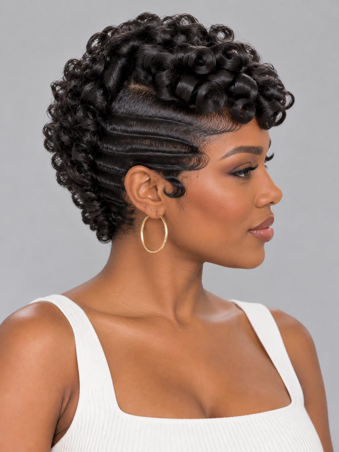 Loyalrose Pixie wig free part Deep curly& Finger wave Black 100% human hair with lace 13*4 Glueless