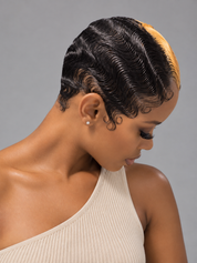 Loyalrose Pixie Finger wave wig Black mix blond color Skunk stripe style glueless Side part Closure 5x5 lace 100% Human Hair
