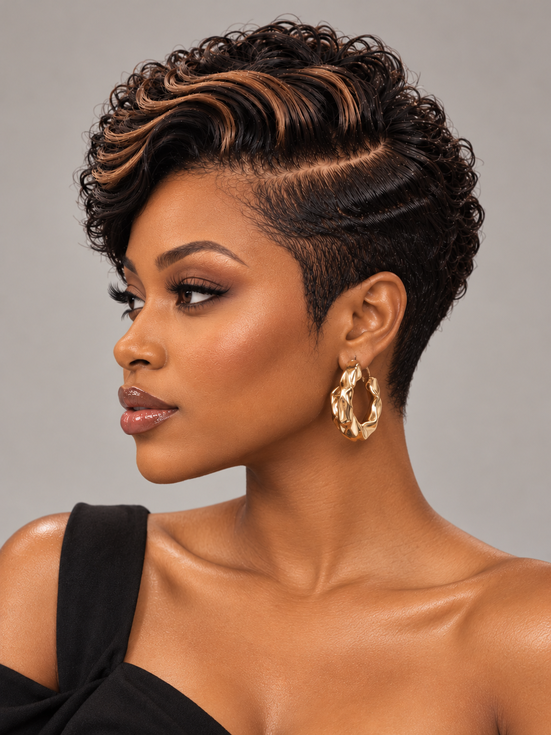 Loyalrose Pixie Loose Curly wig Black mix brown color glueless Side part Frontal 13x4 lace 100% Human Hair style 5