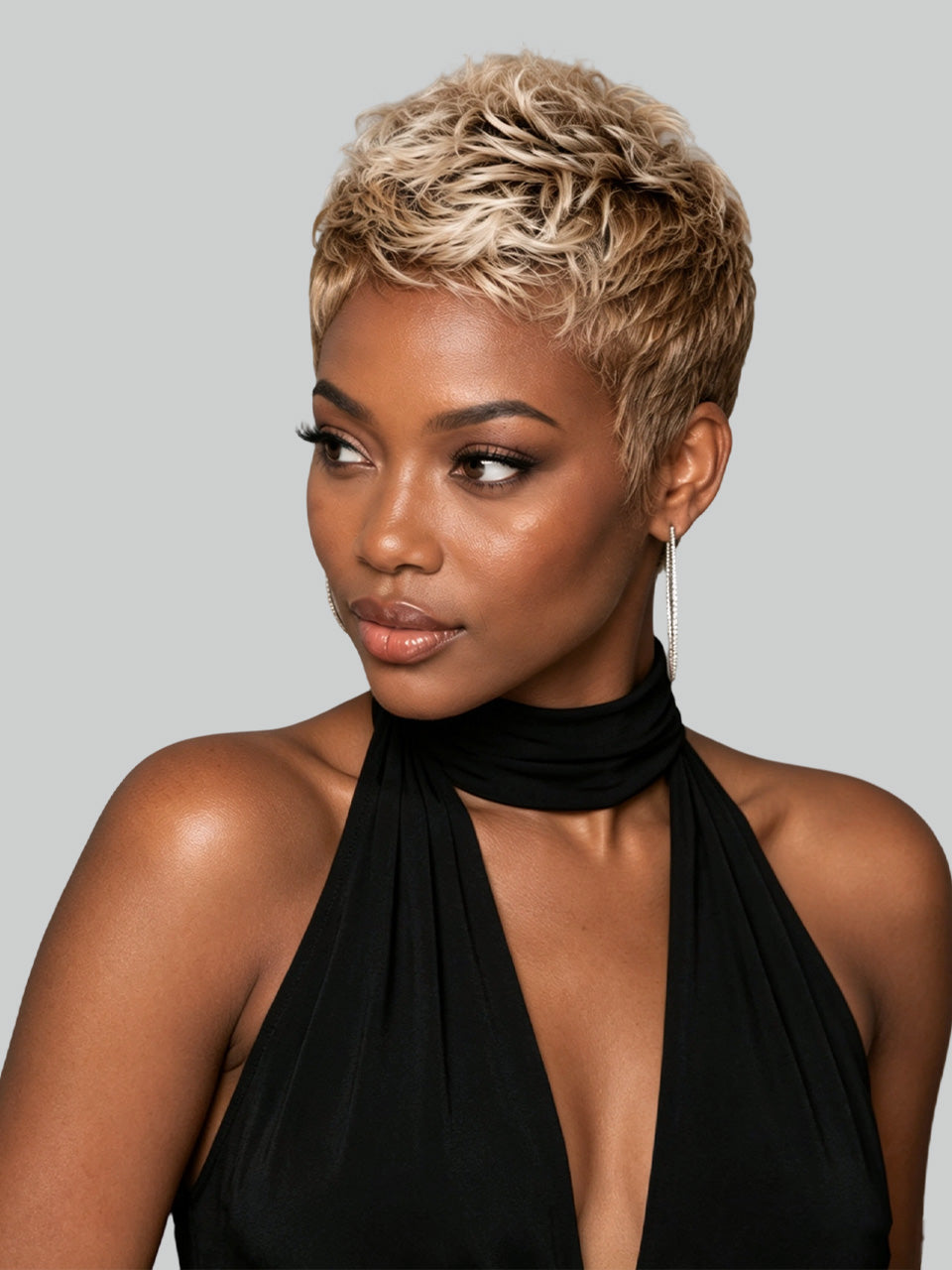 Side profile showing the layered texture of a glueless short pixie wig in blonde. Highlights the realistic hairline and the fit of the 12A human hair wig on dark skin.