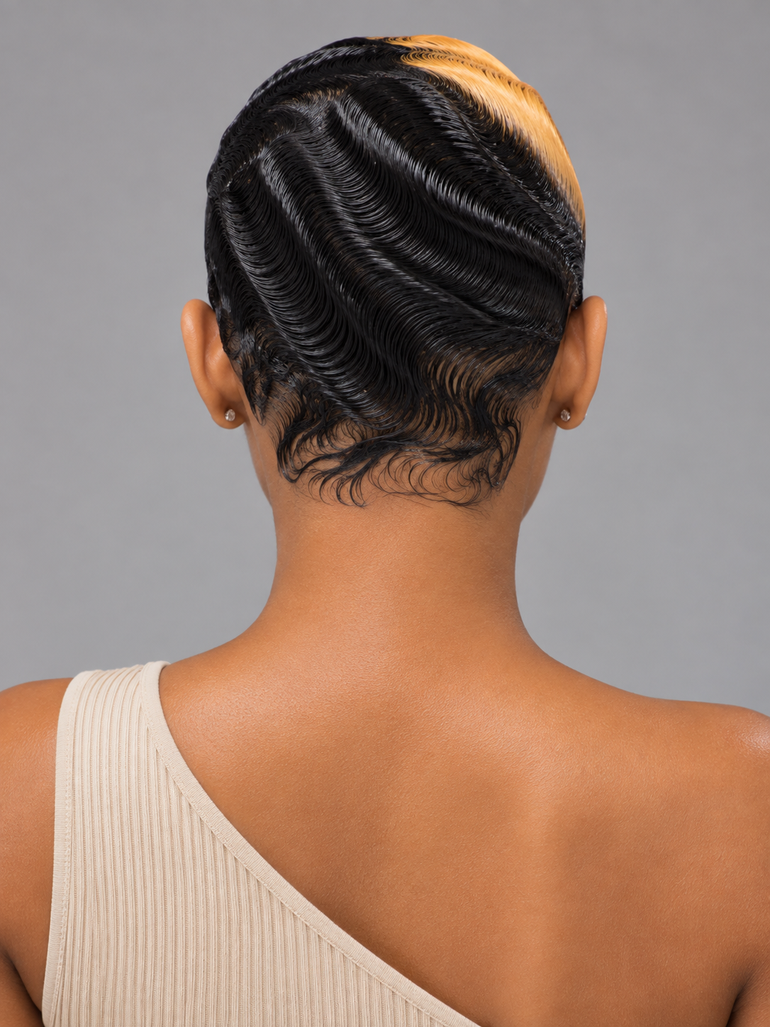 Loyalrose Pixie Finger wave wig Black mix blond color Skunk stripe style glueless Side part Closure 5x5 lace 100% Human Hair