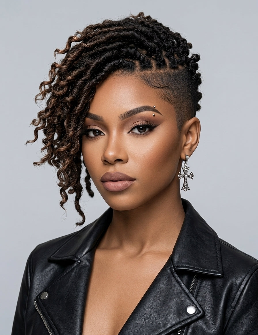 A close-up portrait of a woman with styled dark brown to black micro-dreadlocks or braided twists on the left side of her head, paired with a shaved side and a black leather jacket against a light gray studio background.