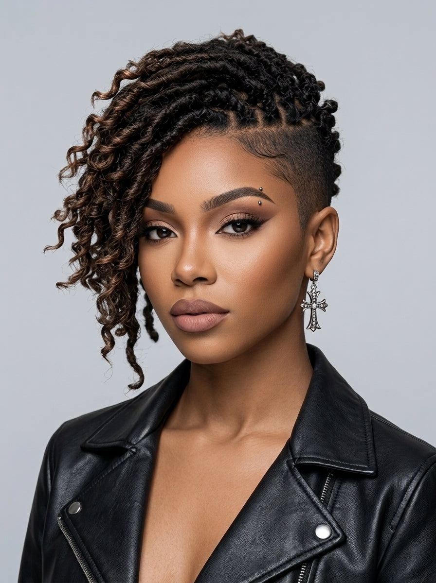 A close-up portrait of a woman with styled dark brown to black micro-dreadlocks or braided twists on the left side of her head, paired with a shaved side and a black leather jacket against a light gray studio background.