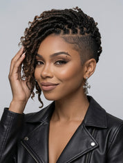 Side profile shot of a model smiling in a short braided wig with shaved sides and voluminous curls on top. Highlights the realistic hairline and edgy aesthetic of this glueless crochet-style wig.