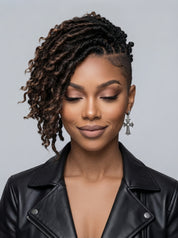 Front view of a woman wearing a short curly faux locs wig with an undercut design. The style features dark roots blending into brown highlights, perfect for African American women seeking a bold protective hairstyle.