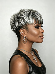 Side profile showcasing the edgy undercut design and wispy bangs of the silver-grey short topper. This angle highlights the dimensional color and how the hairpiece frames the face for a modern, youthful look.