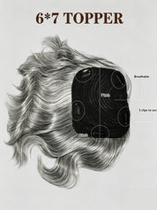 Inside view diagram of a 6x7 inch breathable monofilament hair topper base. Features 5 secure pressure-sensitive clips and a lightweight mesh construction designed for comfortable all-day wear on thinning hair.