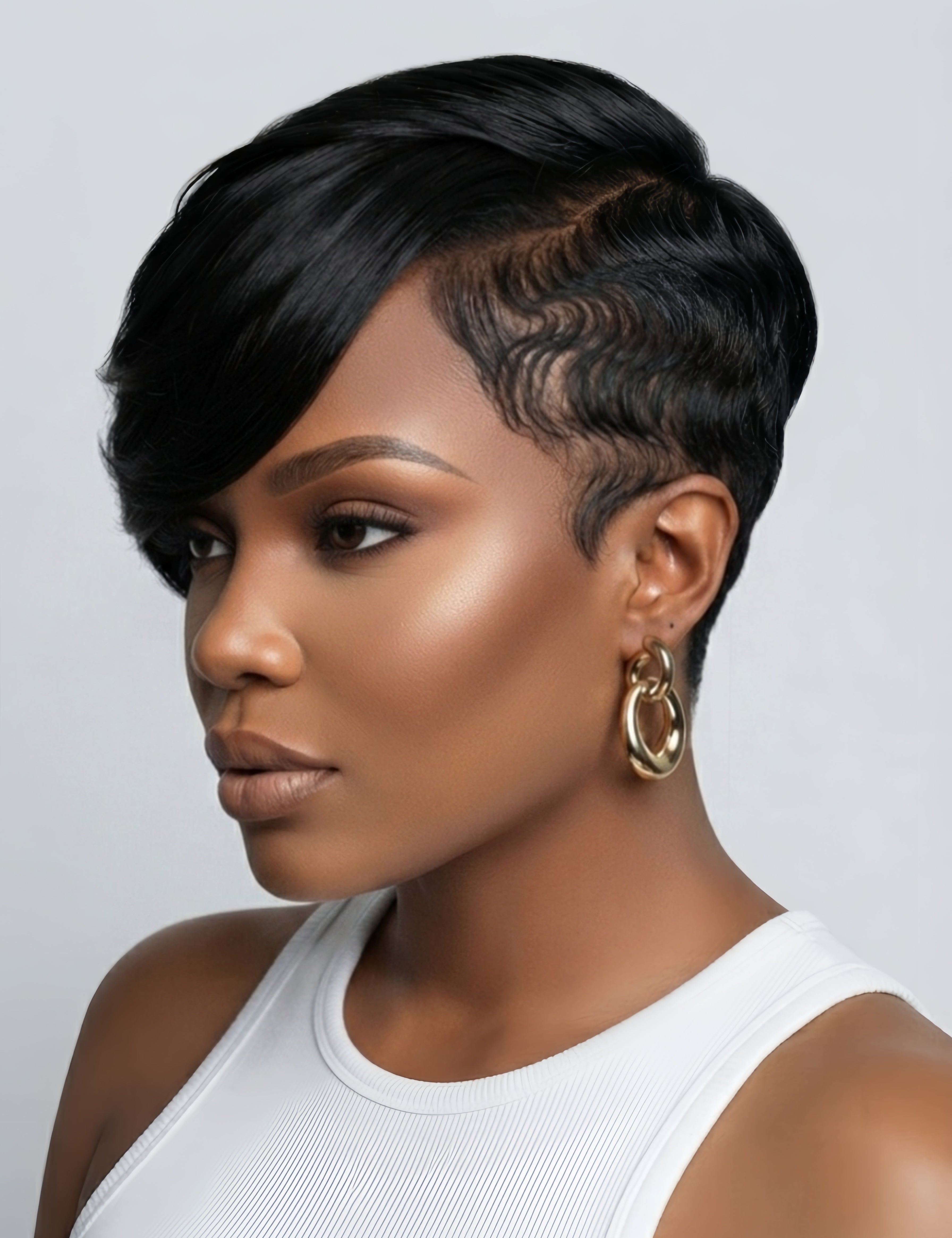 Side profile close-up revealing the tapered cut and baby hair details along the hairline of the black topper. The layered styling frames the face perfectly, demonstrating the versatility of this glueless human hair piece.