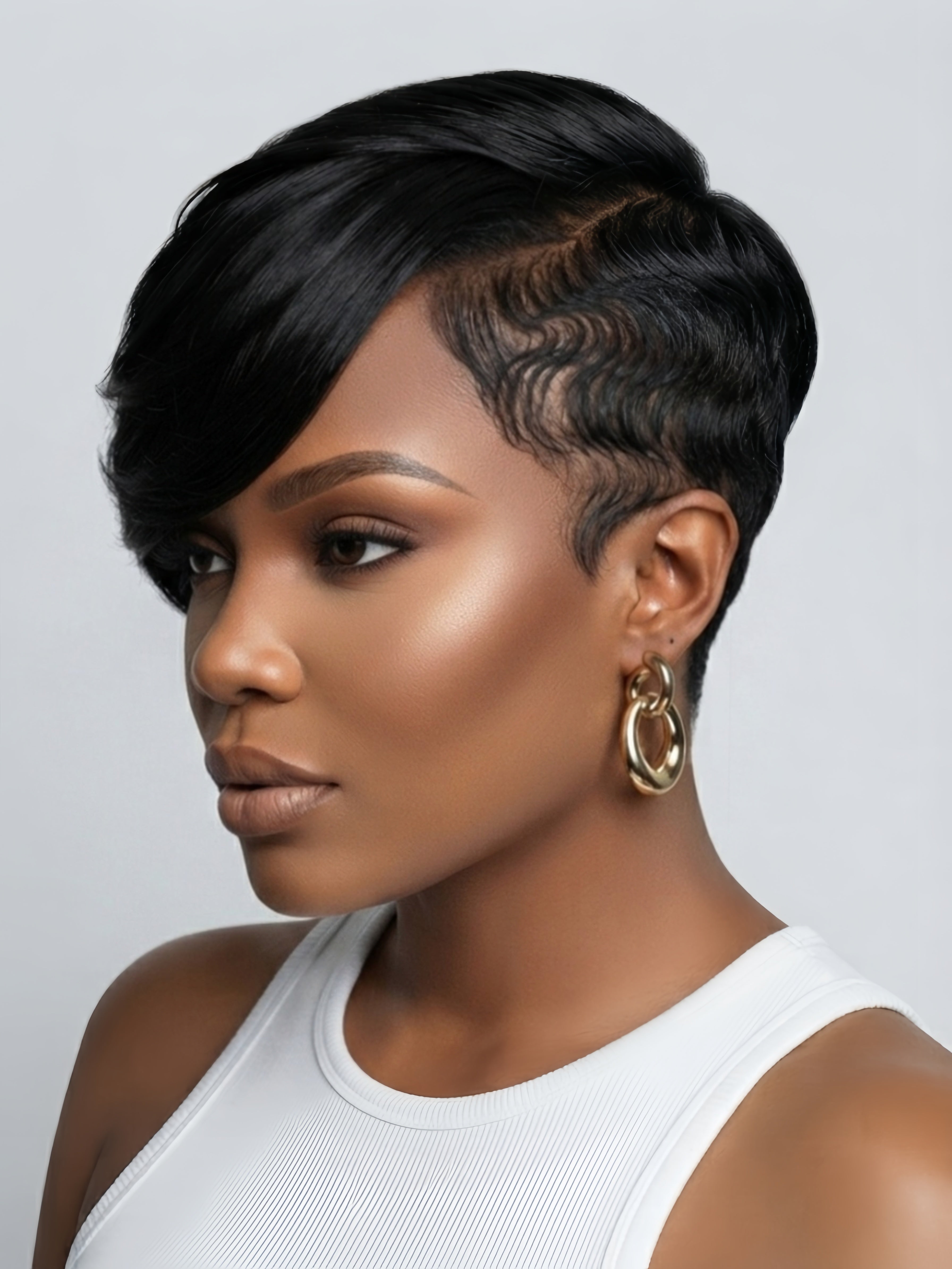 Side profile close-up revealing the tapered cut and baby hair details along the hairline of the black topper. The layered styling frames the face perfectly, demonstrating the versatility of this glueless human hair piece.