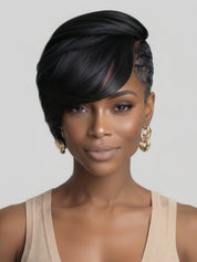 Top-down angle showcasing the precise side parting and volume of the black short wig topper. This view highlights the breathable construction and how the hairpiece sits naturally on the head for a secure fit.