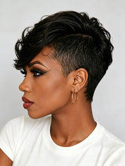Side profile close-up showing the short tapered sides and swept-back styling of the black topper. The exposed ear area and textured top highlight the modern, edgy design suitable for confident daily wear.