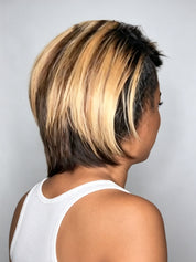 Close up of natural parting on glueless hair topper for thinning hair coverage.