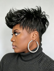 Back view showcasing the clean taper and natural fall of the black short wig. The smooth texture and precise cut at the nape highlight the wig’s realistic construction and easy maintenance for glueless wear.