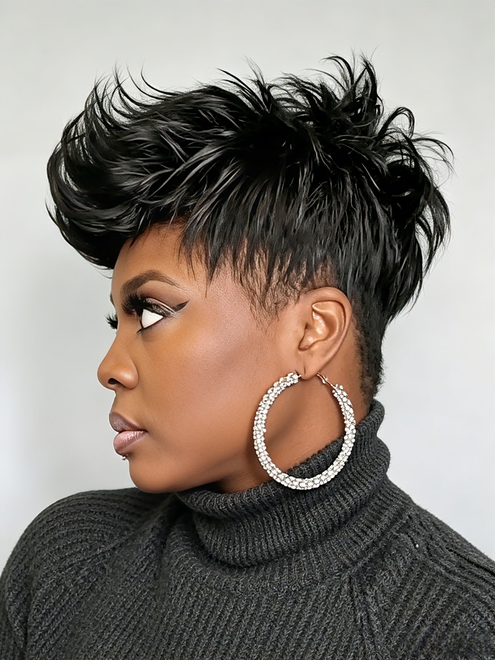 Back view showcasing the clean taper and natural fall of the black short wig. The smooth texture and precise cut at the nape highlight the wig’s realistic construction and easy maintenance for glueless wear.