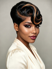 A close-up portrait of a woman with a stylish short black hairstyle featuring warm caramel-brown highlights, wearing a cream satin top against a neutral gray background.