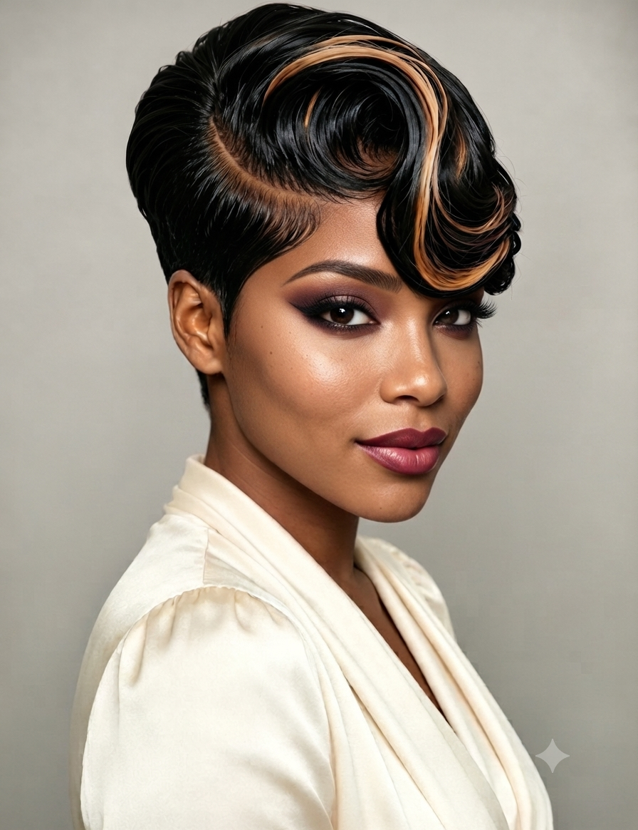 A woman with a styled short black wig featuring dramatic curled bangs and warm blonde highlights, wearing a cream satin top against a neutral gray background.