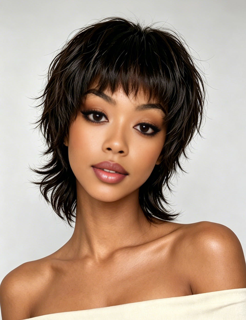 A close-up portrait of a woman with a short, layered, dark brown wig with wispy bangs, shown against a light gray studio background.